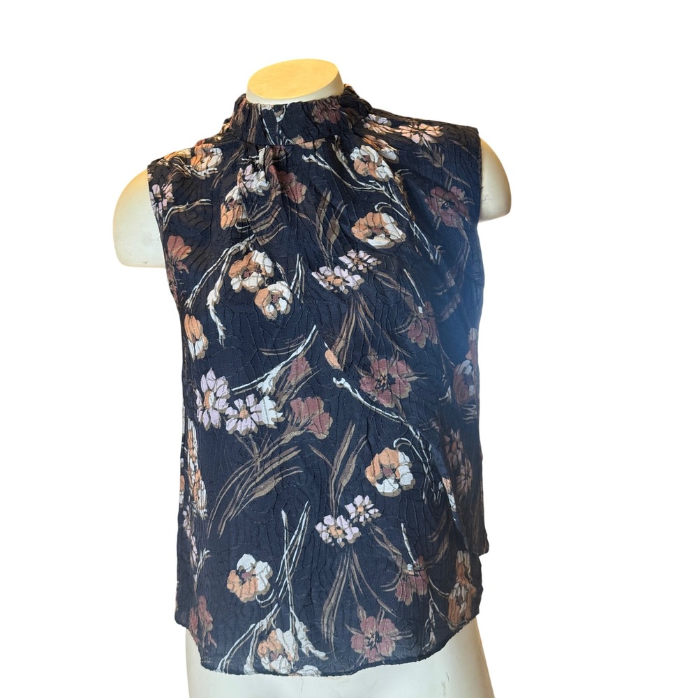 Derek Lam 10 Crosby Floral Mock Neck Sleeveless Blouse Navy Jacquard Size 0
